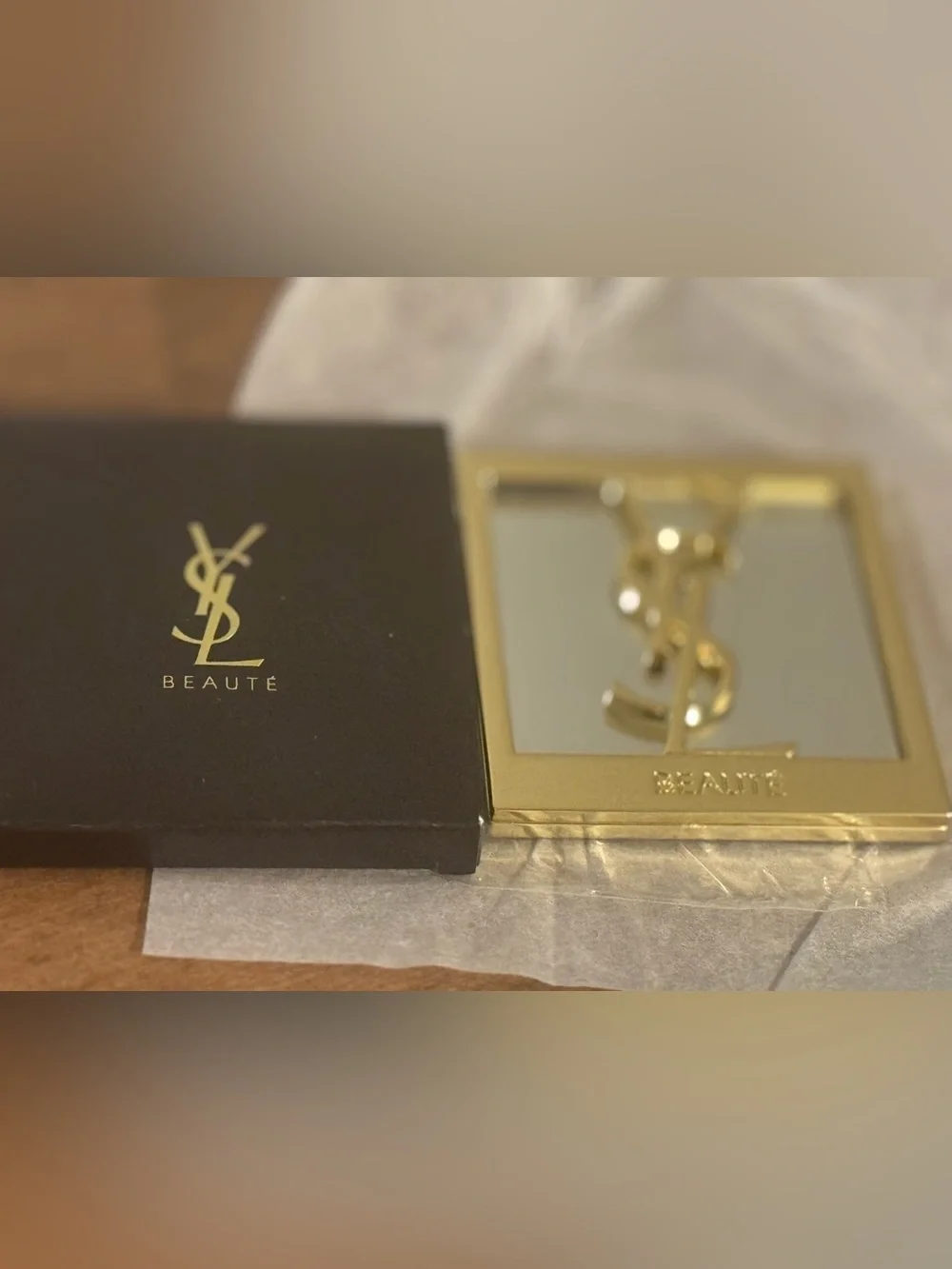 Rare!Yves Saint Laurent Gold Logo Compact Mirror with Black Case